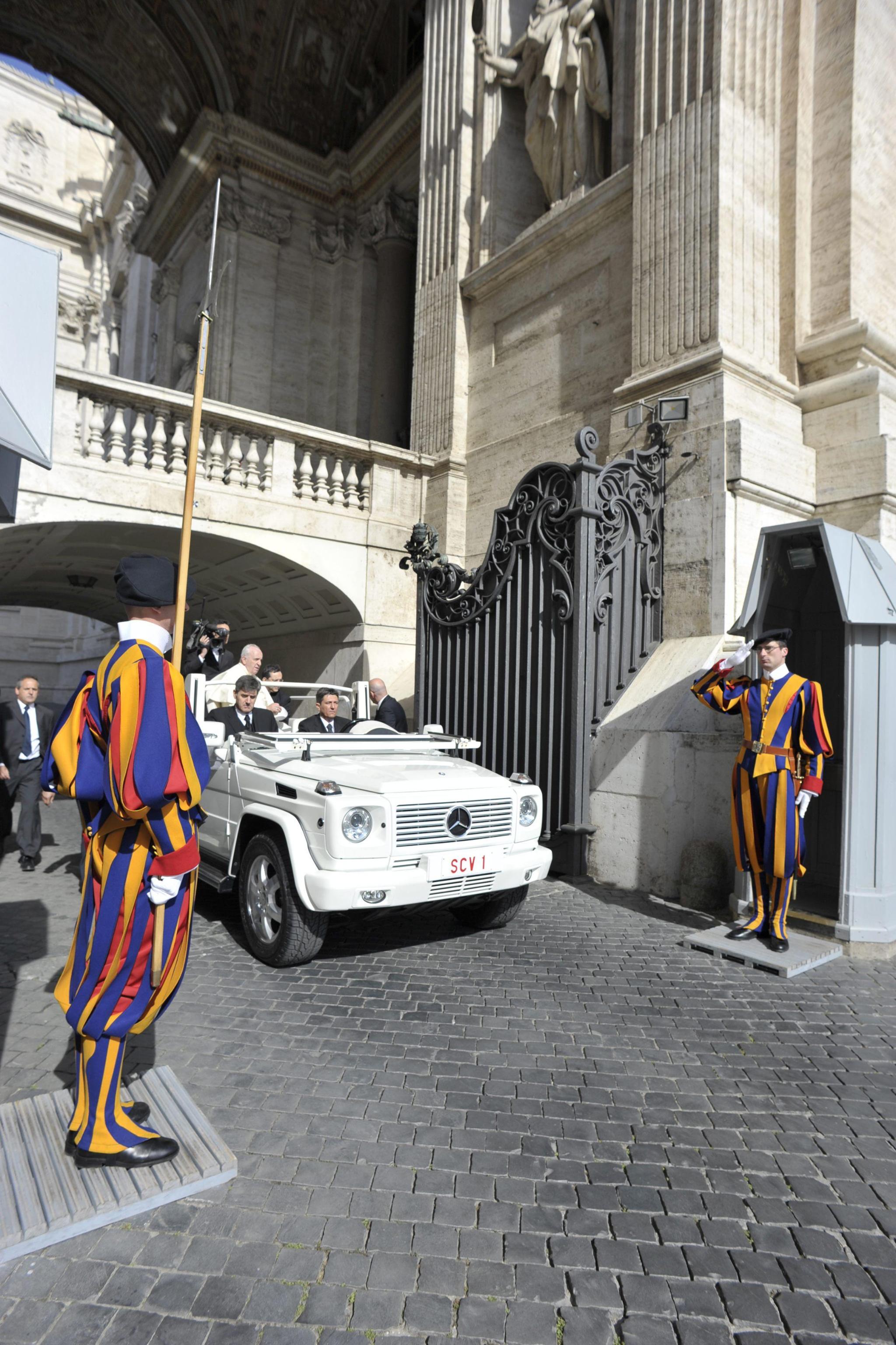 Pope Francis leaves the Vatican for the General Audience of Wednesday 13th of May 2015