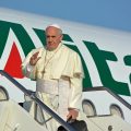 Pope Francesco greets before boarding Alitalia Airbus A321 for Amman at 'Leonardo da Vinci' international airport in Fiumicino