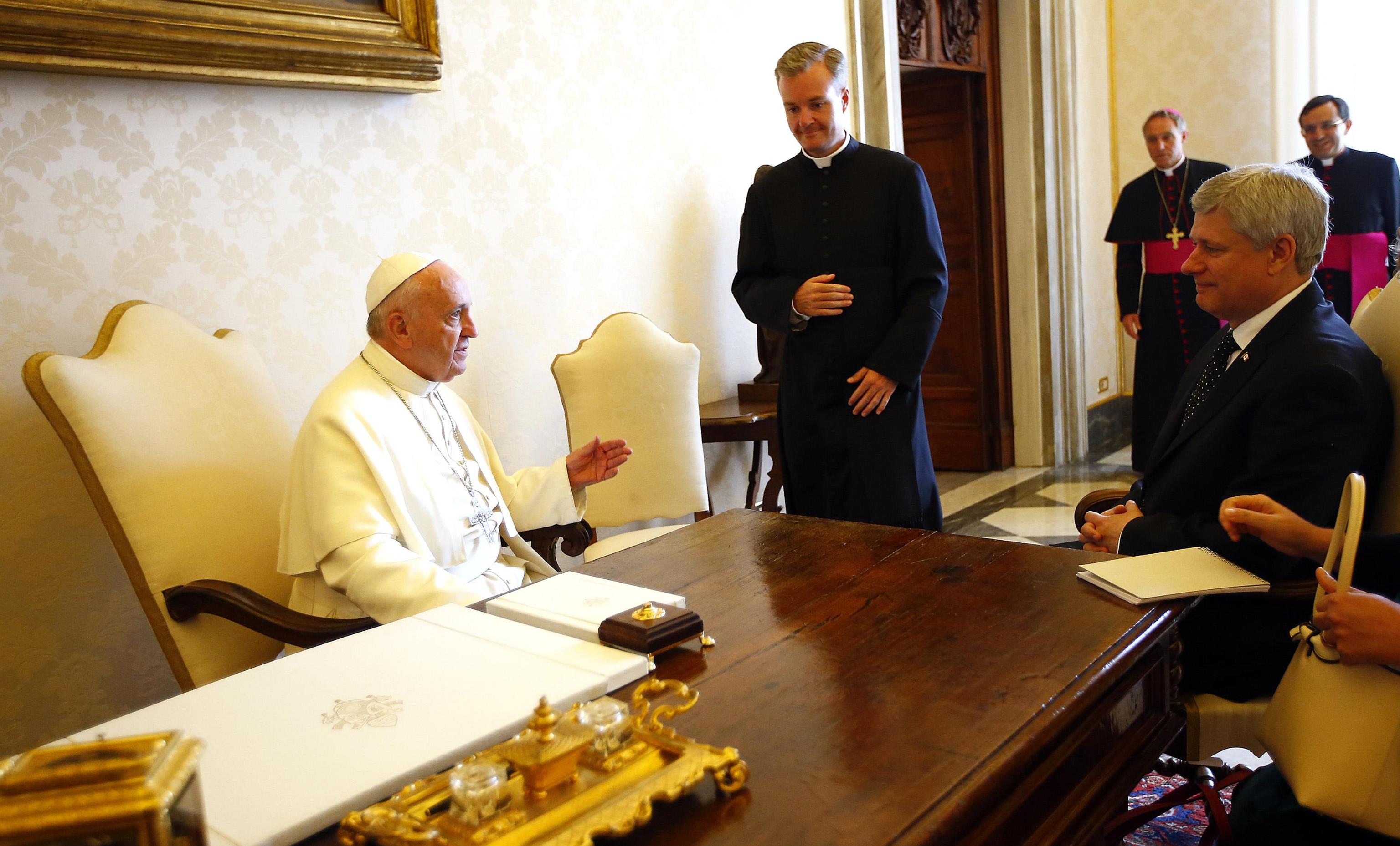 Pope Francis meets Canada's Prime Minister Stephen Harper during a private audience at the Vatican City