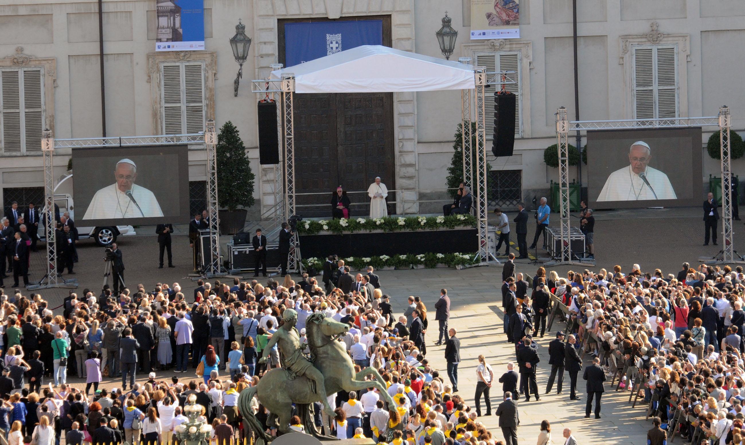 Pope Francis delivers a speech in Piazzetta Reale during his visit in Turin