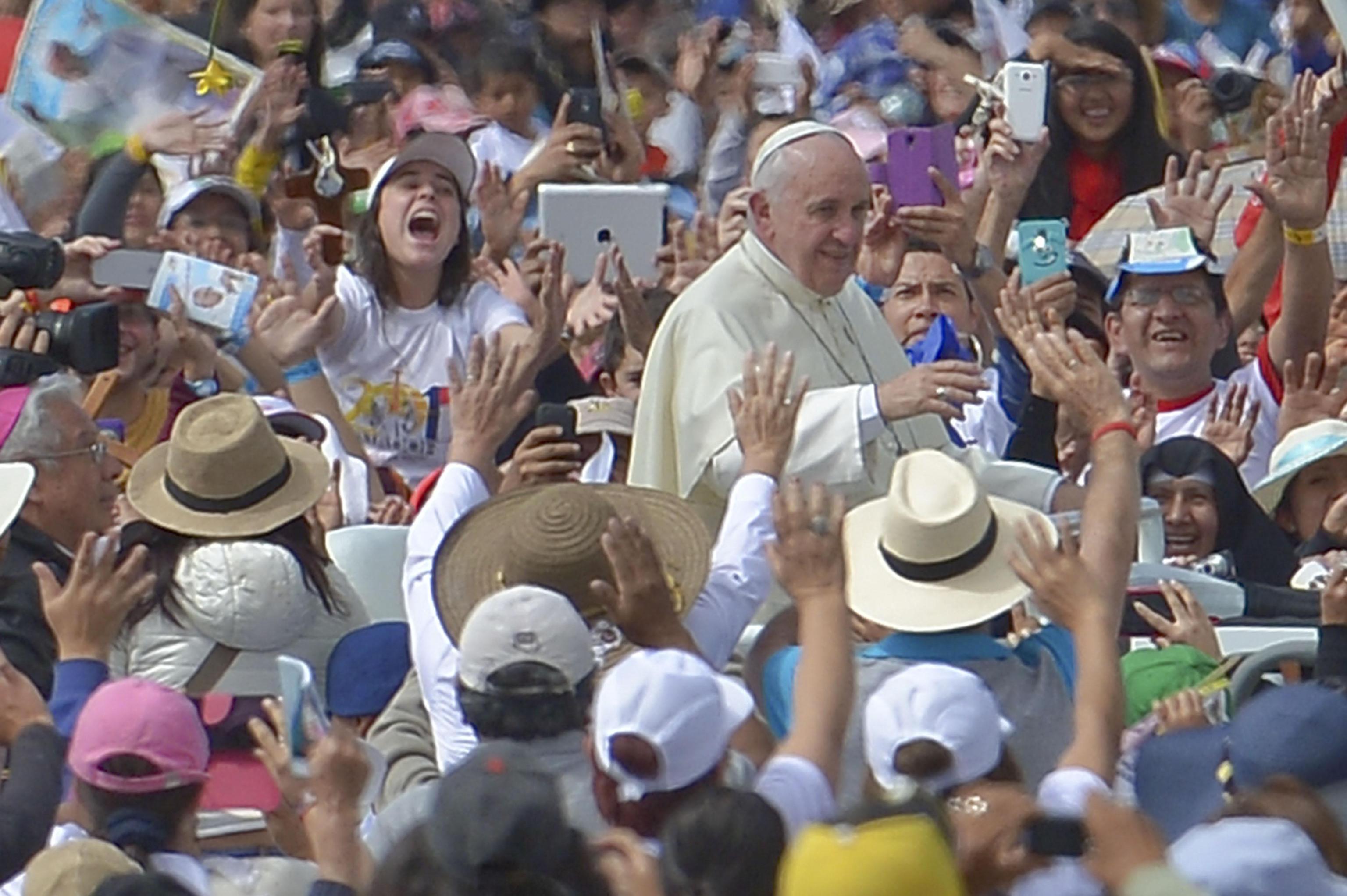 Pope Francis arrives to celebrate the Mass at Bicentennial Park in Quito