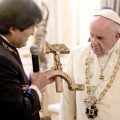 Crucifix carved into a wooden hammer and sickle given to Pope Francis by Bolivian President Evo Morales