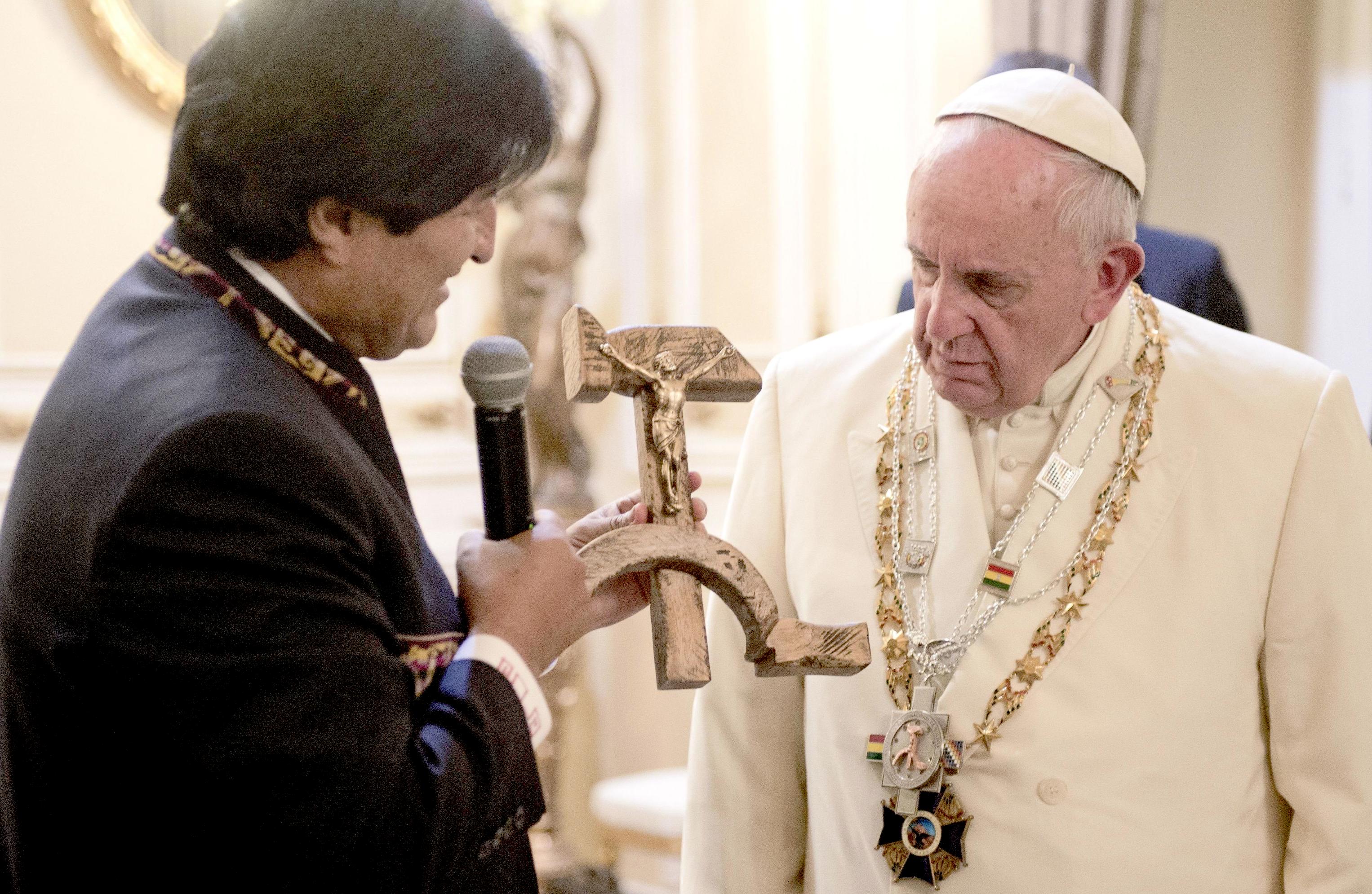 Crucifix carved into a wooden hammer and sickle given to Pope Francis by Bolivian President Evo Morales