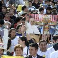 Faithfull wait for Pope Francis prior the Mass at the Shrine of the Virgin of Caacupe