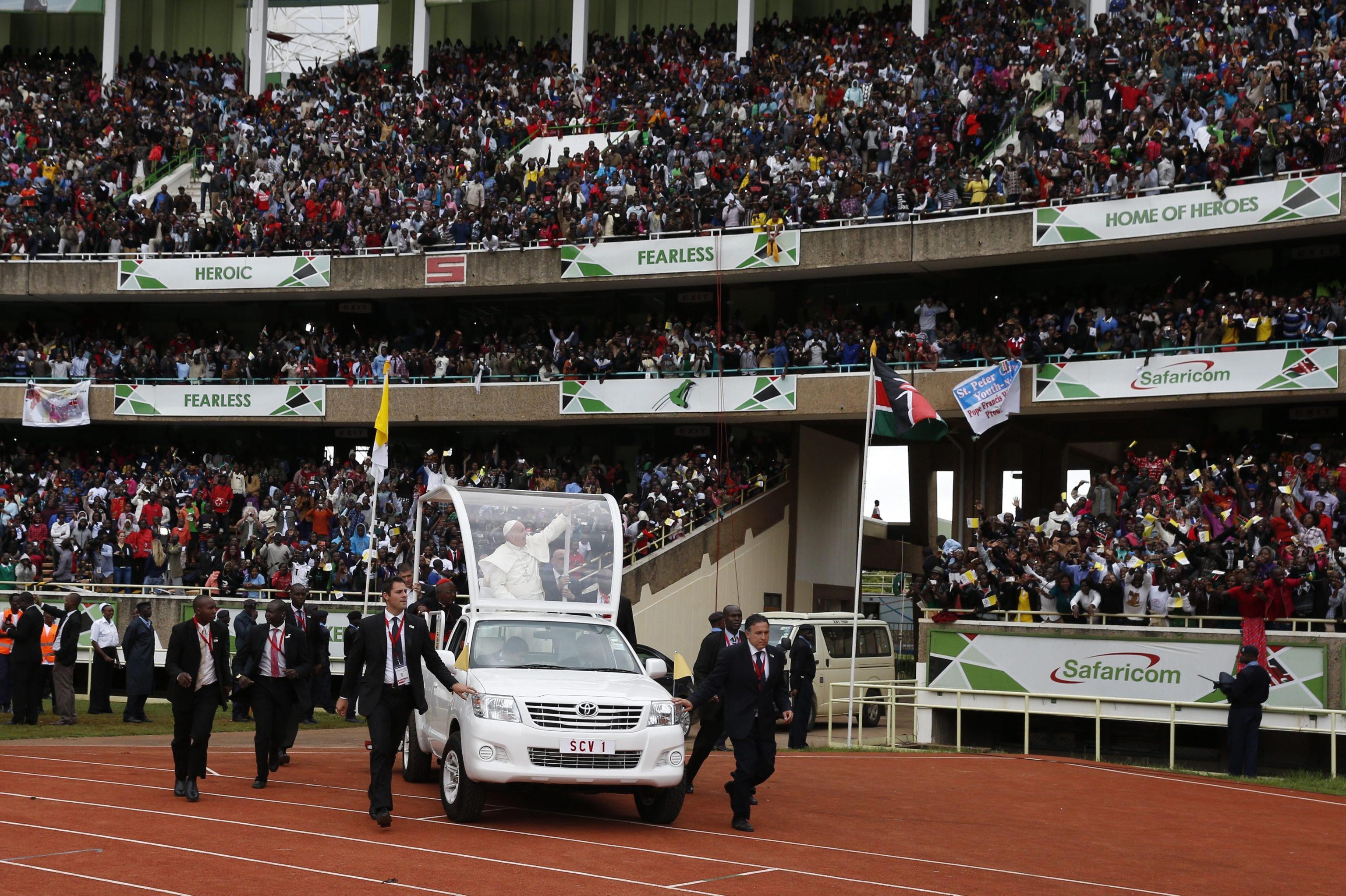 Pope Francis arrives for a meeting with youths at the Kasarani Stadium in Nairobi