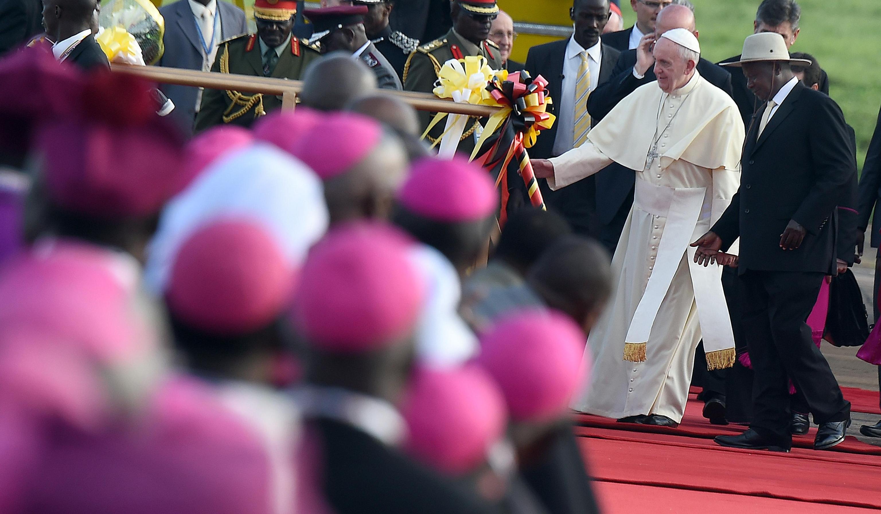 Pope Francis at his arrival at the International Airport of Entebbe
