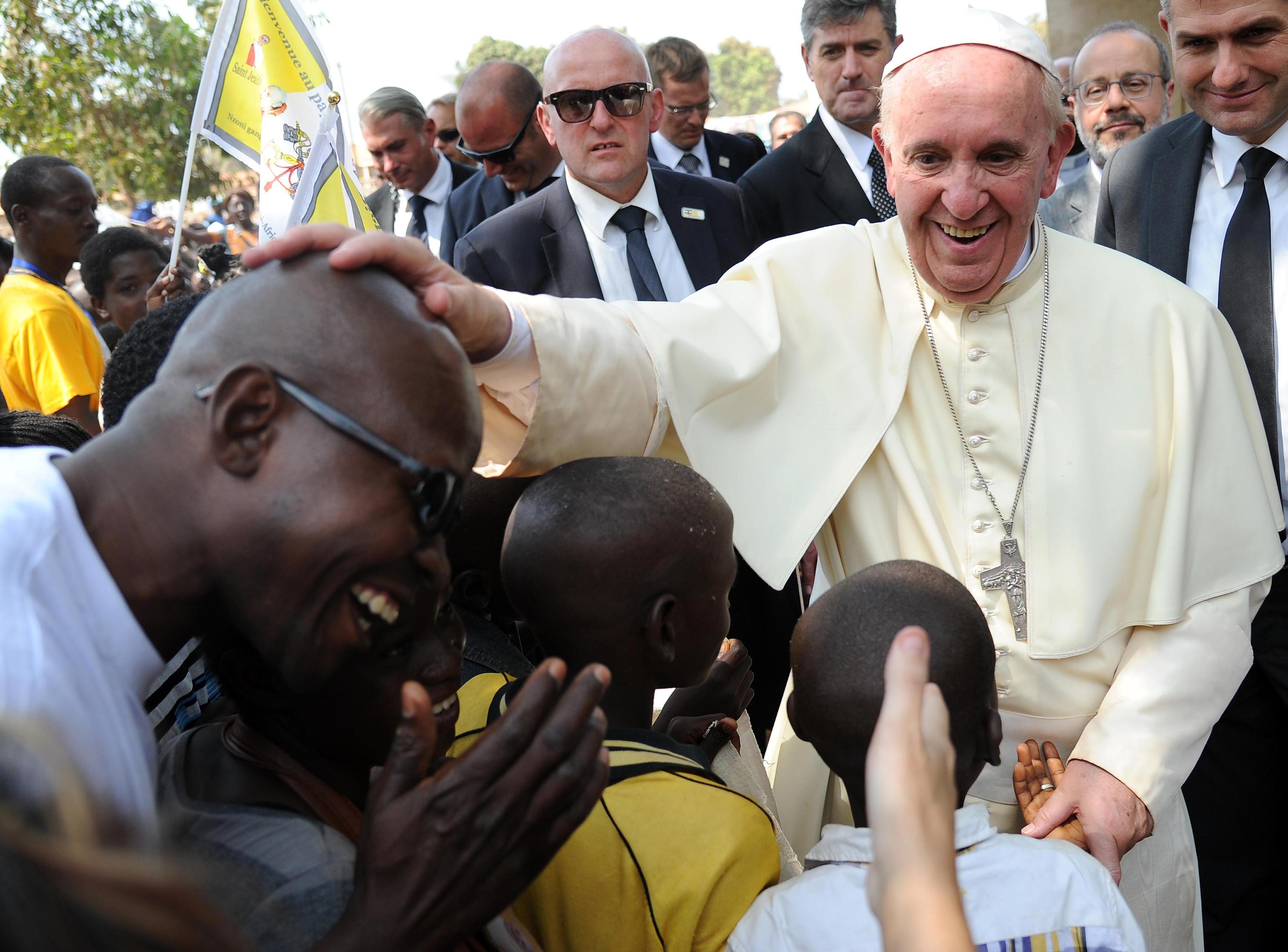 Pope Francis during a visit at the refugee camp of Saint-Sauveur in Bangui