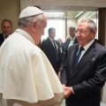The pope Francis ightened of hand at Cuban president Raul Castro. Vatican City 10 May 2015