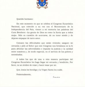 Lettre du pape pour le congrès eucharistique d'Argentine (c) radiomaria.org.ar