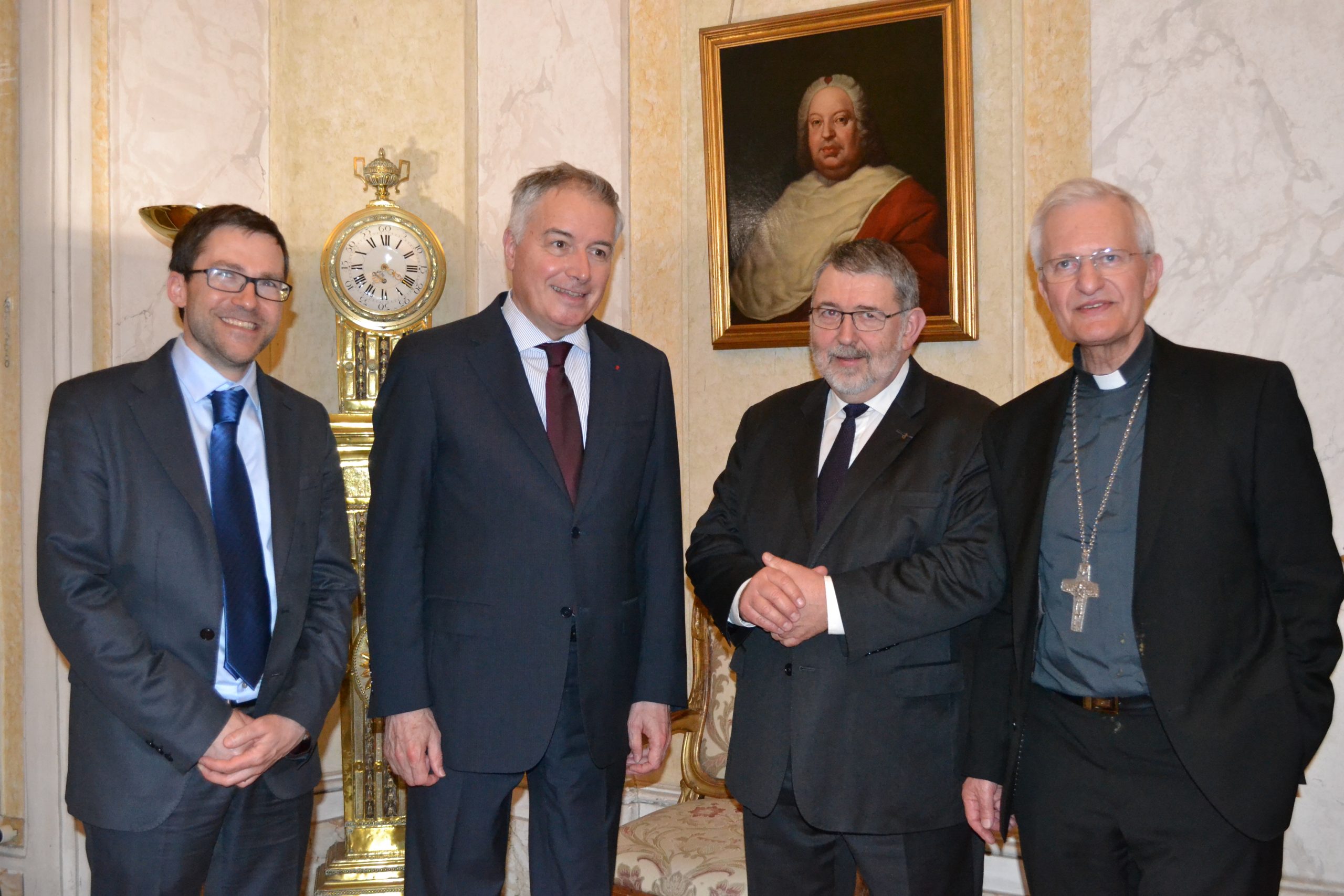 Guillaume Nicolas (DG de la DCC), Philippe Zeller (Ambassadeur de France près le St Siège), François Fayol (président de la DCC), Mgr Jean-Louis Papin (évêque de Nancy et Toul), courtoisie de la DCC