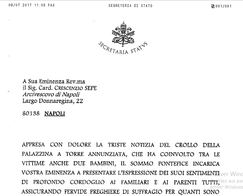 Tragédie de Torre Annunziata, télégramme du pape François, capture ZENIT