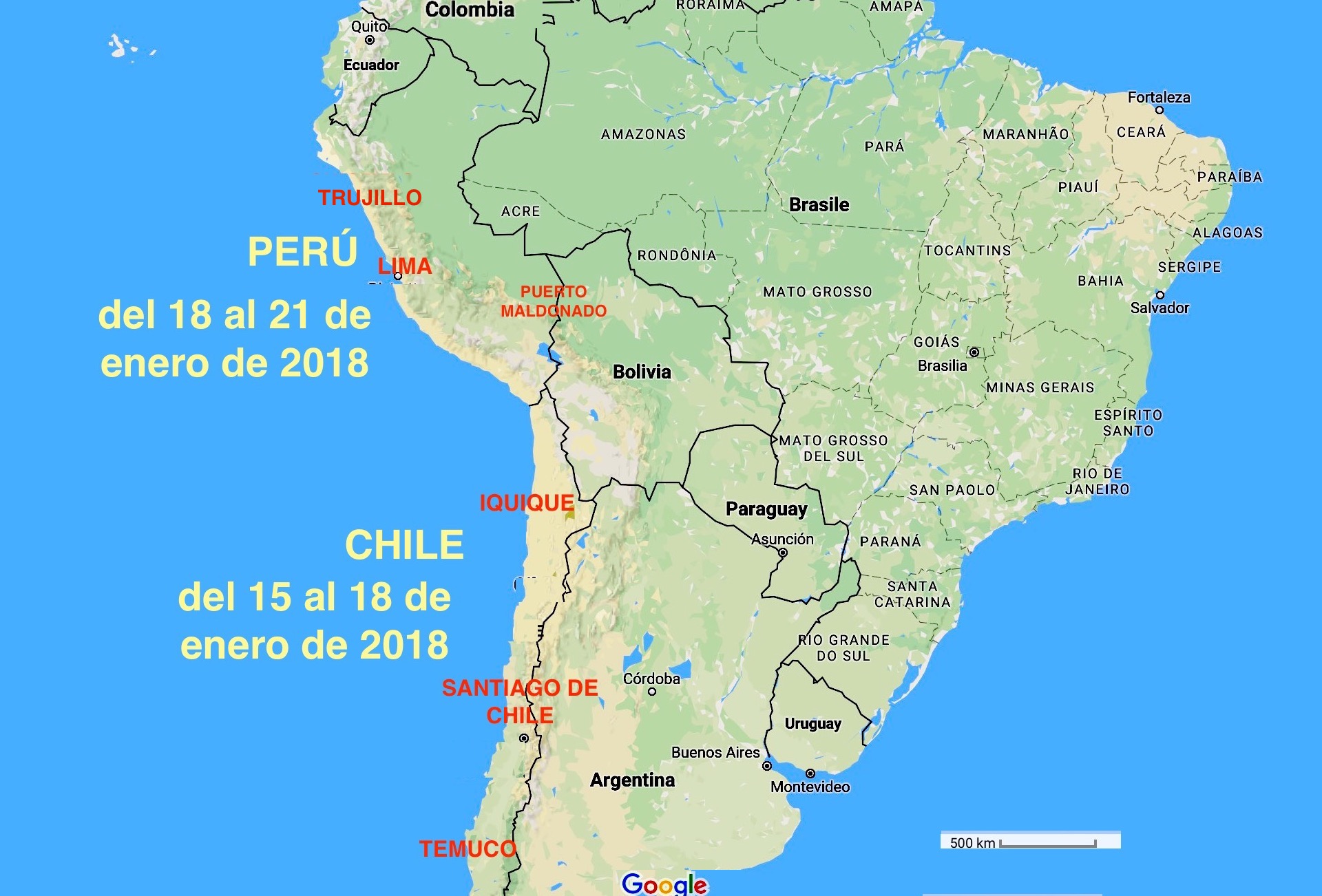 Carte du voyage au Chili et au Pérou