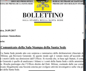 Communiqué du Saint-Siège sur la démission de M. Libero Milone, 24/09/2017