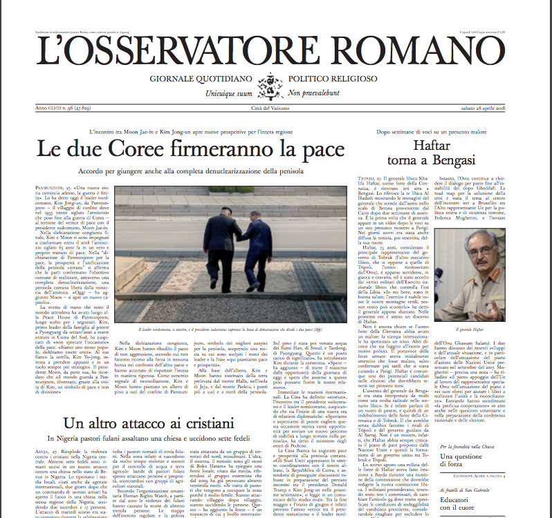 L'Osservatore Romano du 27 avril 2018, capture