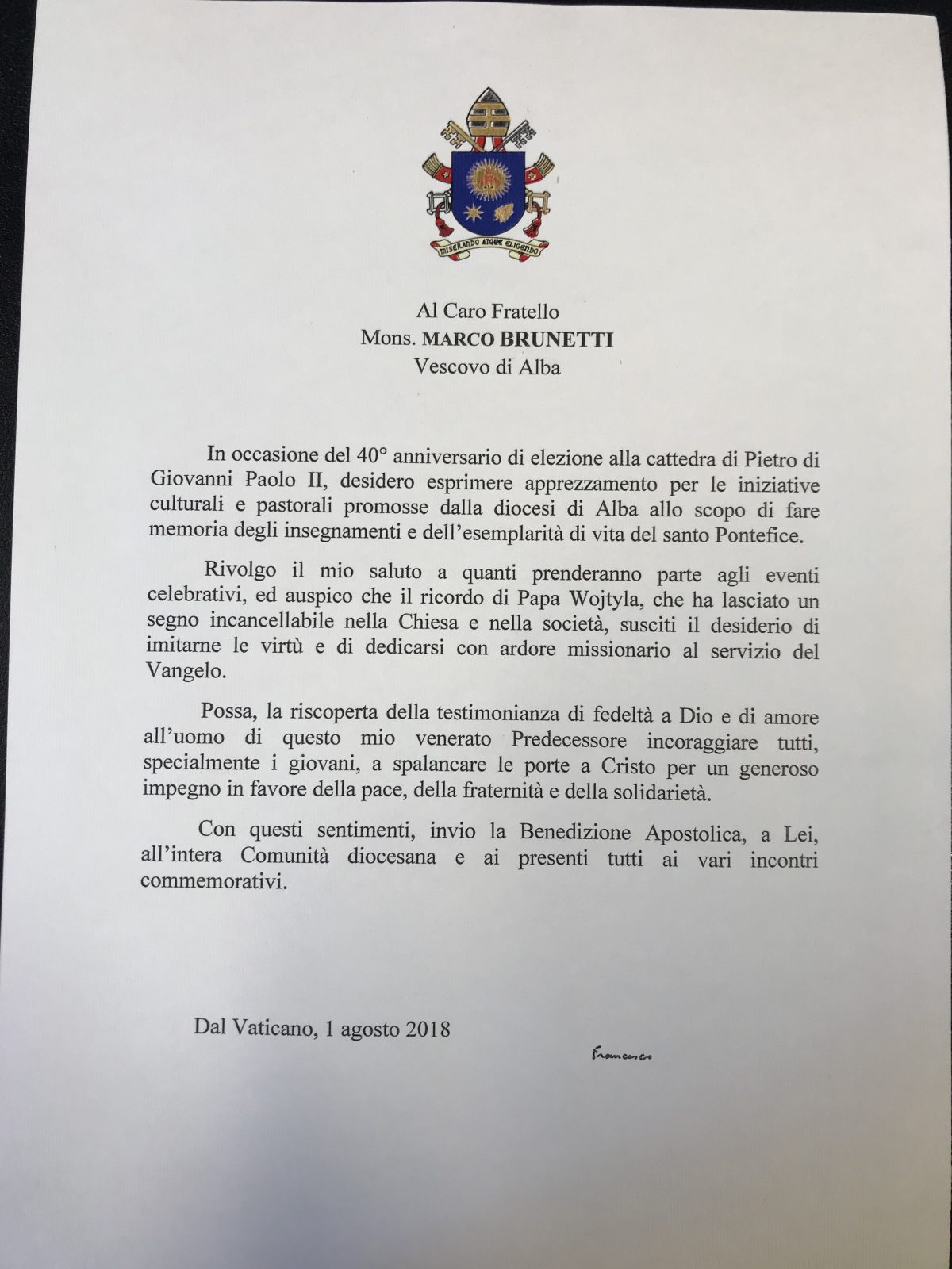 Lettre du pape Françosi au diocèse d'Alba @ alba.chiesacattolica.it