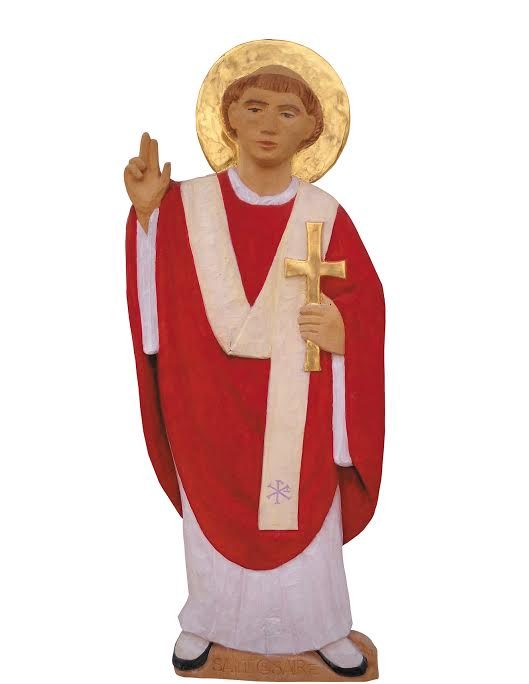 Césaire d'Arles portant le pallium sur sa chasuble rouge, statue du séminaire S. Luc @ diocèse d’Aix en Provence