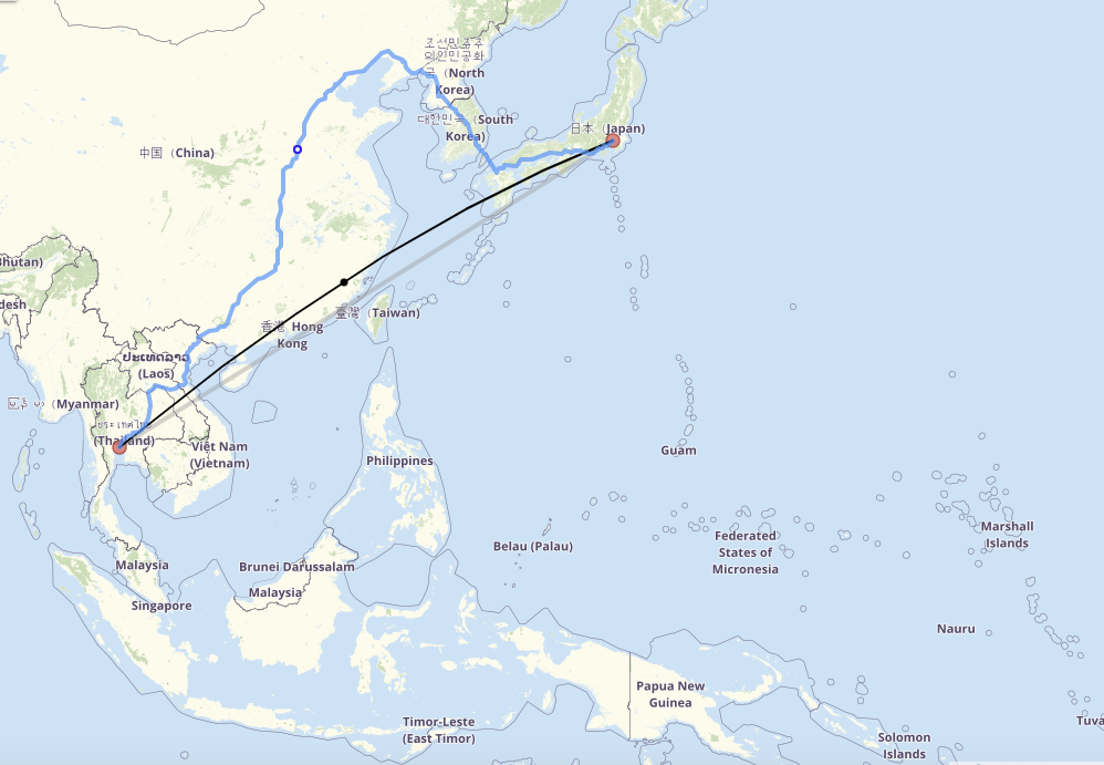 Le trajet Bangkok-Tokyo, capture @ fr.distance.to