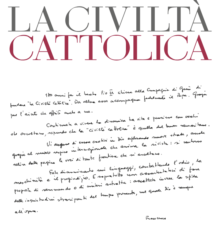 Chirographe du pape François pour la Civiltà Cattolica, capture @civ_catt