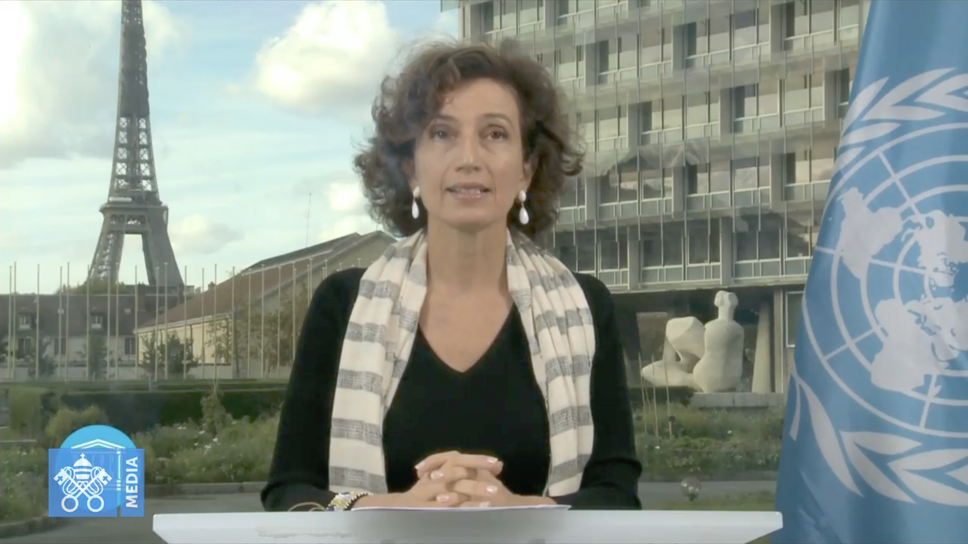 Mme Azoulay (UNESCO), Pacte éducatif mondial, capture @ Vatican Media