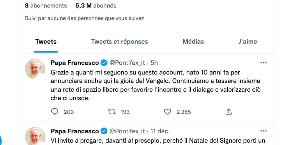 Page twitter pape François, capture d'écran Zenit