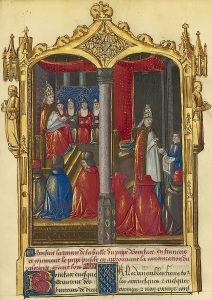 Canonisation de saint Louis par Boniface VIII, enluminure dans la bibliothèque du cardinal de Bourbon, 1480.