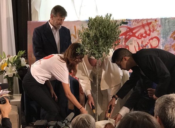 Des étudiants israéliens et palestiniens plantent un olivier de la paix avec le pape @ TelemundoNews