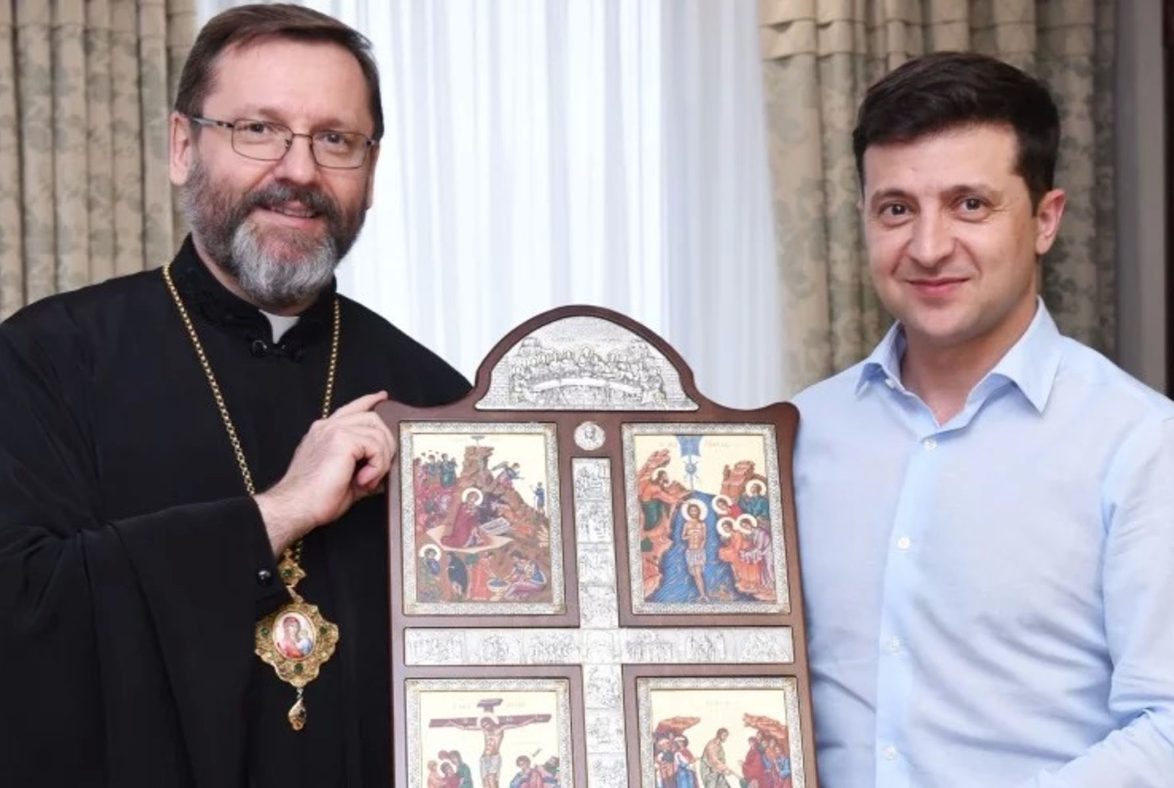 Sa Béatitude Sviatoslav Chevtchouk avec le président Volodymyr Zelenskyy. © Église Gréco-Catholique Ukrainienne