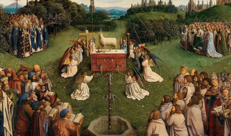 Jan Van d’Eyck, L’adoration de l’Agneau (1429), détail © wikimedia commons