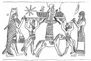 Sceau-cylindre de l’époque d’Assurbanipal (669-627 av. J.-C.) avec la représentation d’une divinité sur le plateau céleste. © Konrad Schmid, Les origines de la Bible, Genève, Labor et Fides, 2021 
