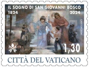 Le timbre illustre le rêve du jeune Jean Bosco, pris par la main par la Vierge Marie  © Service postal du Vatican