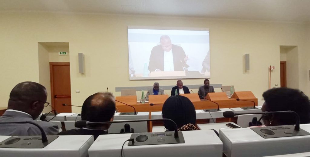 Vue partielle de la salle, lors de la présentation du thème « Les martyrs modernes, victimes de l’exploitation des ressources minières en Afrique : Réalités et perspectives de l’Eglise en sortie », par le Cardinal Fridolin Ambongo (au fond, milieu) lors de la conférence animée le 12 octobre 2024 à Rome © SCEAM