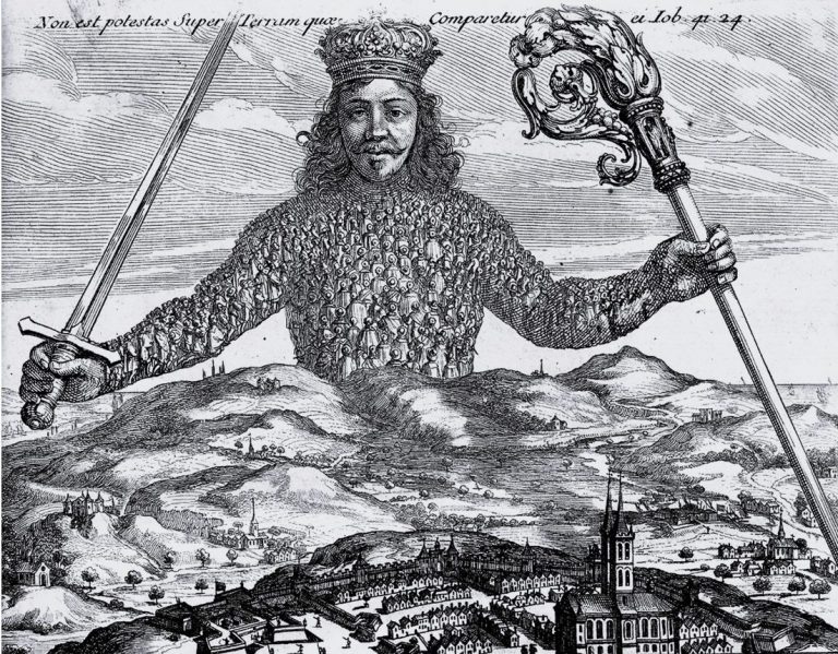 Illustration de couverture de « Leviathan » par Thomas Hobbes © File:Leviathan frontispiece cropped British Library.jpg - Wikimedia Commons