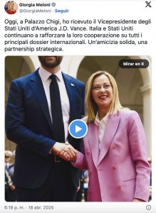 Le vendredi saint, M. Vance a rencontré le premier ministre Giorgia Meloni