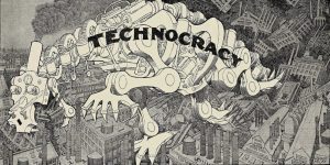 Caricature publiée par le quotidien San Francisco Examiner (1933) illustrant la dérive du genre humain sans Dieu