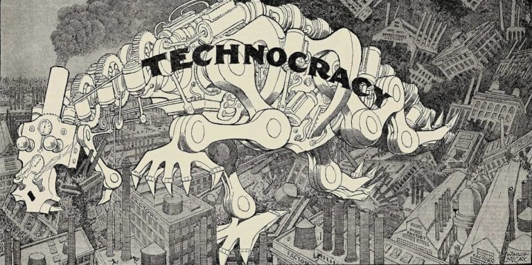 Caricature publiée par le quotidien San Francisco Examiner (1933) illustrant la dérive du genre humain sans Dieu