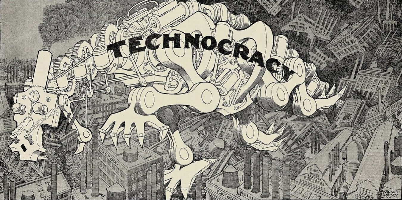 Caricature publiée par le quotidien San Francisco Examiner (1933) illustrant la dérive du genre humain sans Dieu