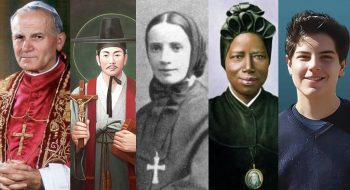 De gauche à droite : Saints Jean-Paul II, André Kim Taegon, Françoise-Xavière Cabrini, Joséphine Bakhita et Carlo Acutis © catholicinsight.com/reddit.com/wikipedia.org/hecatholiccrusade.com