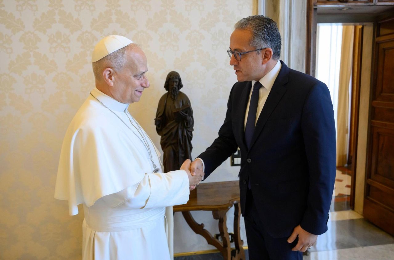 Audience du pape Léon XIV avec le directeur général de l’Unesco, Khaled Ahmed El-Enany Ali Ezz, 5 juin 2026 @Vatican Media