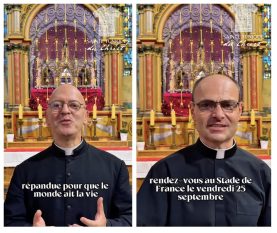 L'ancien et le nouveau recteur annonçant la prochaine ostention de la Sainte tunique au Stade de France ©  facebook.com/SainteTunique
