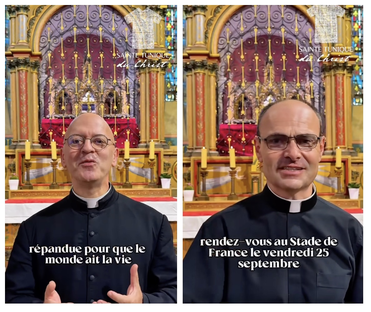 L'ancien et le nouveau recteur annonçant la prochaine ostention de la Sainte tunique au Stade de France ©  facebook.com/SainteTunique