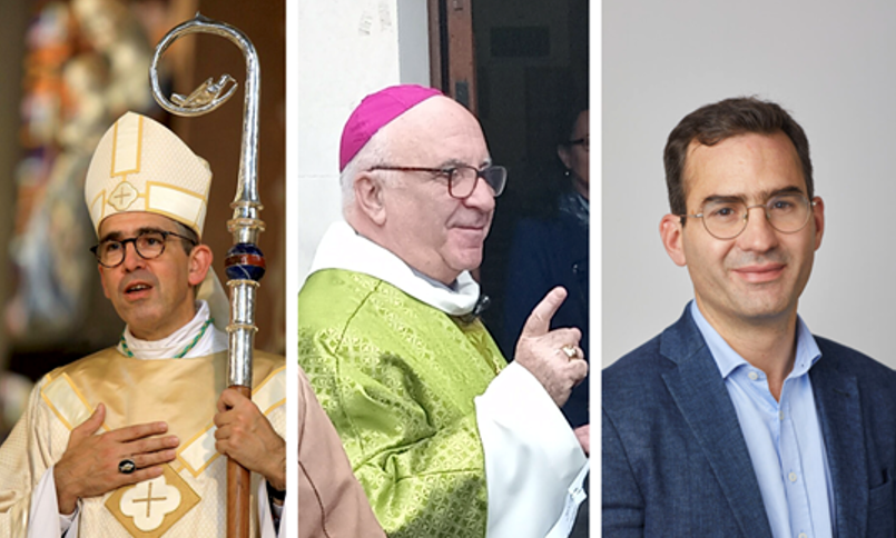 De gauche à droite : Mgr M. Rougé, Mgr H. Gosselin et Guillaume Prévost © Wikipedia.org / eglise.catholique.fr